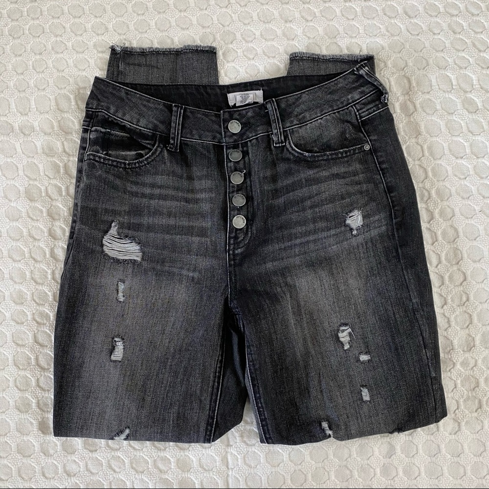 Distressed High Waisted Black Straight Ankle Jean White Washed 5